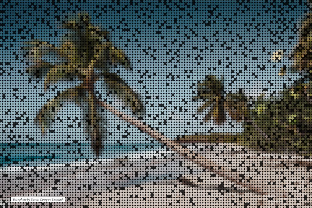 Project image: leaning palm tree on empty beach - pixelated with some pixels missing. Base photo by Daniel Öberg on Unsplash