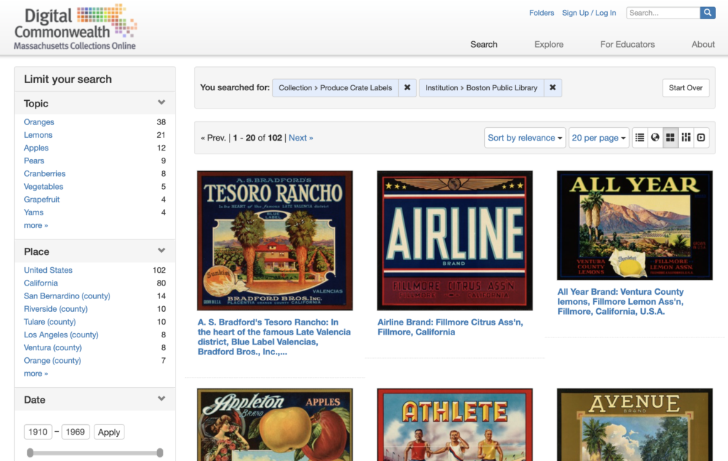 This is a screenshot and shows an example of how the produce crate label collection looks when accessed via the Digital Commonwealth website. 