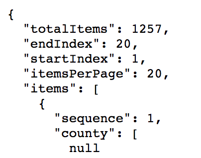 A screenshot of the JSON indicating there are 1257 results and 20 shown.