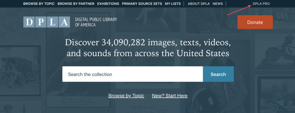 A screenshot pointing to the "Pro" link on the DPLA website.