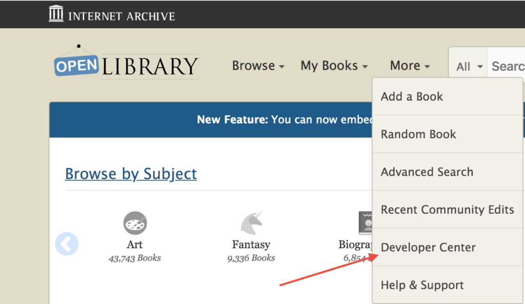 A screenshot pointing to the "Developer Center" link on the OpenLibrary website.