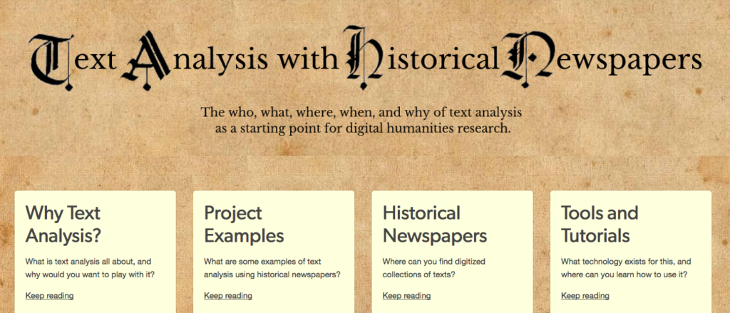 Screenshot of the homepage of the website Text Analysis with Historical Newspapers