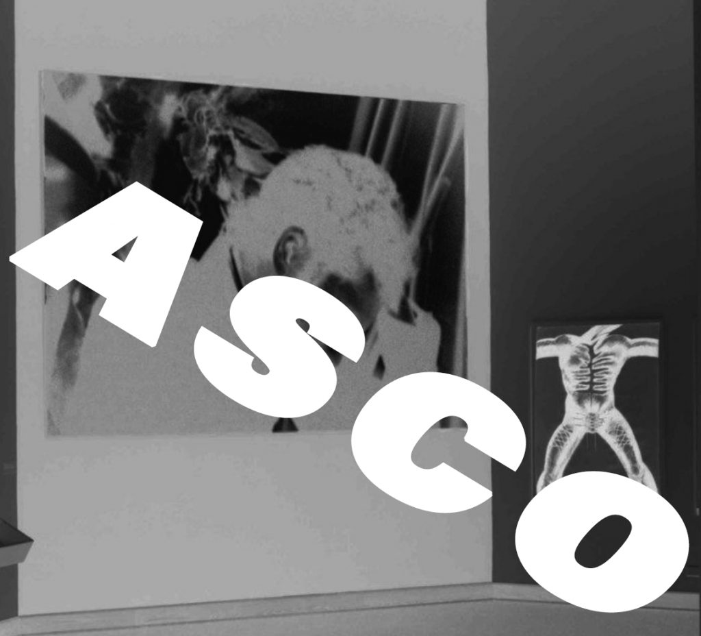 An image of ASCO's retrospective. It was manipulated and edited with photoshop to be negative. The word ASCO is on it diagonally.