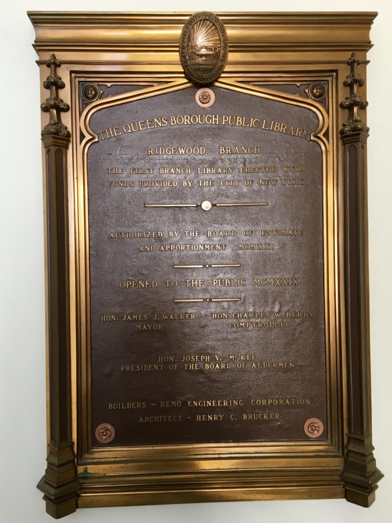 Ridgewood Library plaque