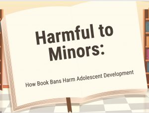 Book showing text saying "Harmful to Minors: How Book Bans Harm Adolescent Development"