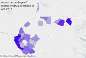 Choropleth map of percentage of deaths by drug overdose in WV, 2016