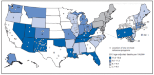 CDC map of deaths by drug overdose in US, 2013