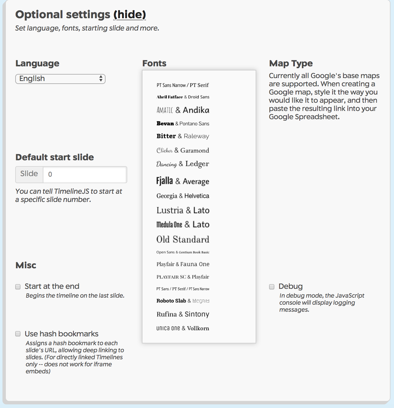 Image of optional settings section of timelineJS