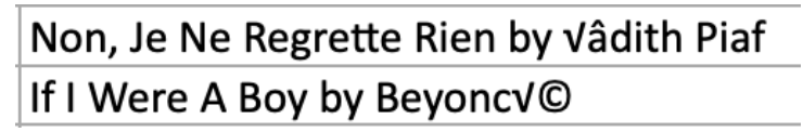 Screenshot of cells For Édith Piaf and Beyoncé with special character pairs in the Desert Island Discs Dataset.