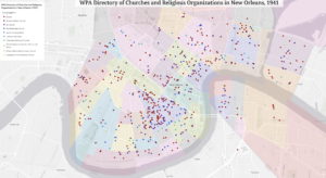 Map of the WPA Directory of Churches and Religious Institutions in New Orleans, 1941. This map represents all denominations in the directory.