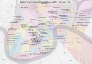 Map of Baptist Churches in New Orleans in 1941. There are many Baptist churches in the city, especially clustered in Central City.