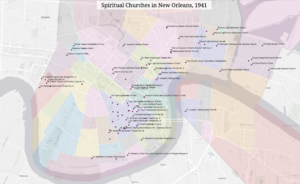 This map of New Orleans shows the locations of Spiritualist Churches in 1941.