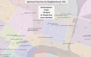 Map of the locations of Spiritualist Churches in the French Quarter and in the neighborhoods to the east of downtown New Orleans