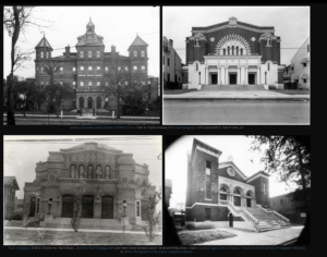 Four pictures that include three synagogues and the Jewish Community Center in New Orleans, 1941