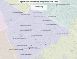 This is a map of the locations of nearly two dozen Spiritualist Churches in the Central City neighborhood in New Orleans