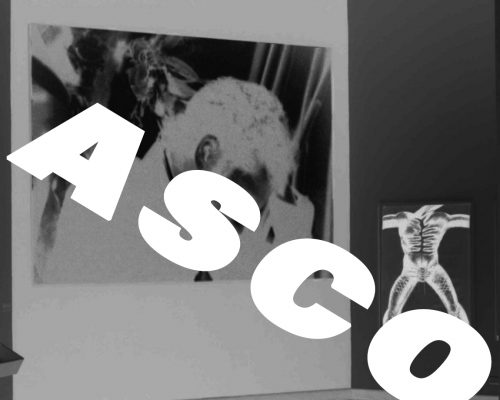 An image of ASCO's retrospective. It was manipulated and edited with photoshop to be negative. The word ASCO is on it diagonally.