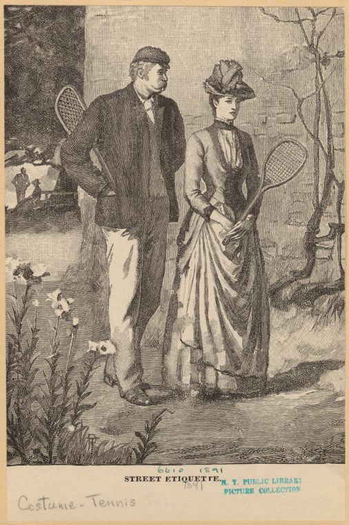 Black-and-white Victorian illustration depicting a man and woman standing outdoors holding tennis rackets. The man wears a cap, jacket, and light trousers, while the woman wears a long dress with a fitted bodice and decorated hat. Trees and foliage surround the figures, emphasizing leisure and outdoor social activity.