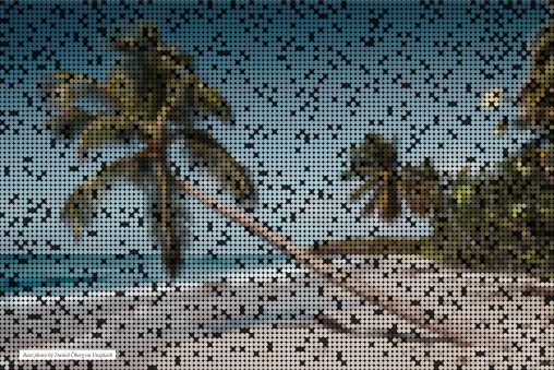 Palm trees leaning horizontally across a tropical sandy beach with a round pixelated effect.