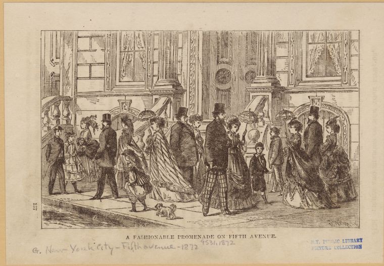 Black-and-white Victorian street scene showing well-dressed men, women, and children walking along Fifth Avenue in New York City. Figures wear formal late nineteenth-century clothing, including long dresses, hats, and top hats, while moving past large residential buildings in a crowded public setting.
