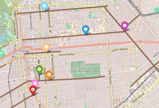 map with lines on a few streets and multi-colored place markers