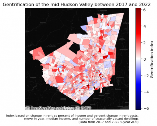 A map showing where in the middle Hudson Valley gentrification is occuring.
