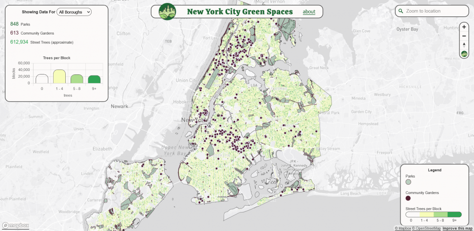 Map showing green spaces in the five boroughs of New York City. It contains block-level tree information, public parks, and community gardens.