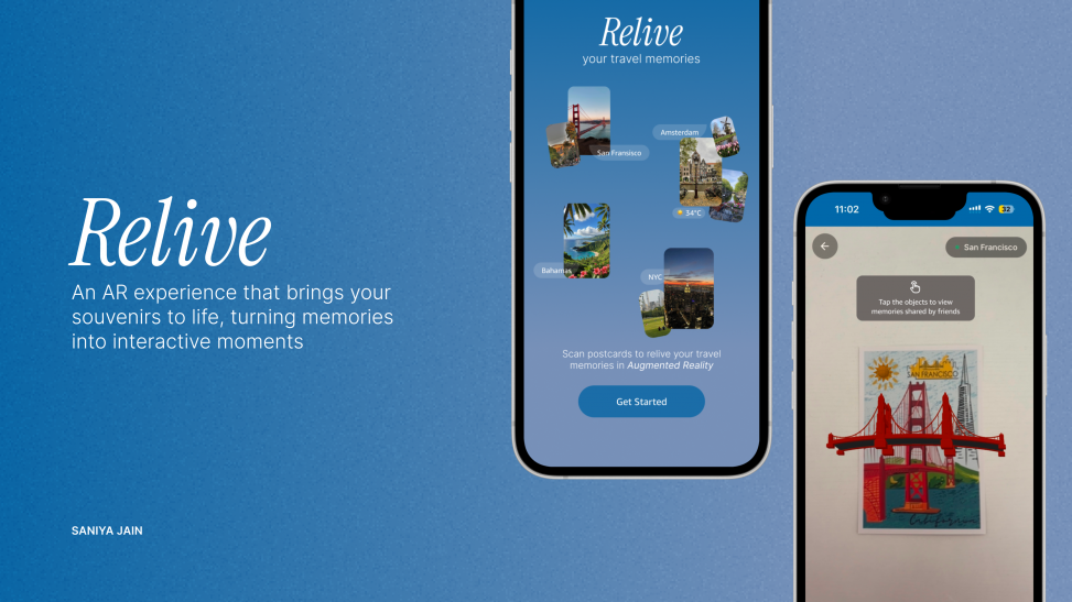 Feature slide for “Relive,” an AR travel memory app. The slide features a blue gradient background with the tagline “An AR experience that brings your souvenirs to life, turning memories into interactive moments.” Two smartphone mockups display the app interface: one showing floating travel photos and destinations, and another showing an AR postcard experience with a 3D Golden Gate Bridge emerging from a San Francisco postcard.
